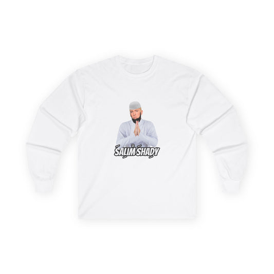 Funny Salim Shady parody long sleeve t-shirt design featuring a Slim Shady style character with an Islamic beard wearing traditional Muslim thobe attire, humorous hip-hop pun graphic.