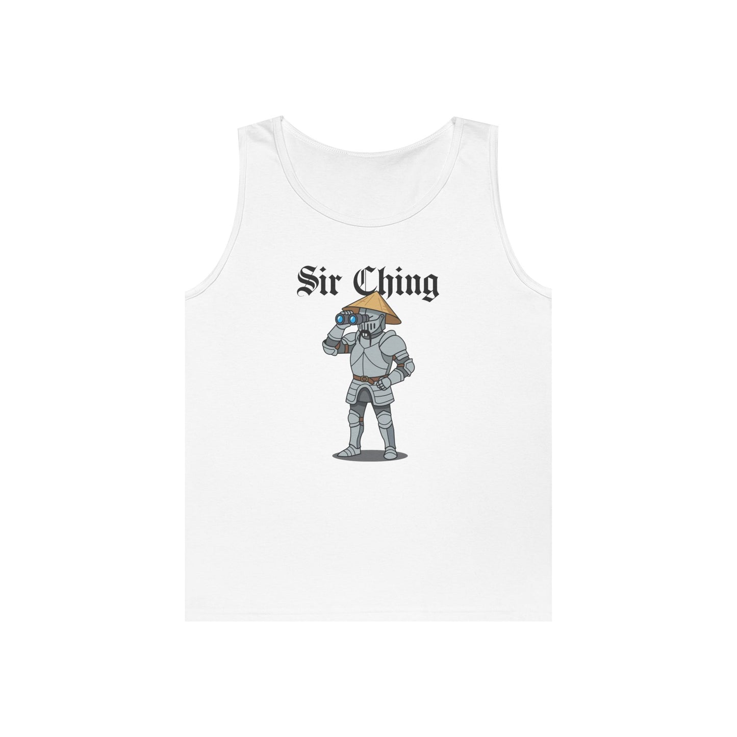Sir Ching funny knight graphic tank top showing a goofy Asian-inspired medieval knight in shining armor searching with binoculars, wearing a cone hat and buck teeth.