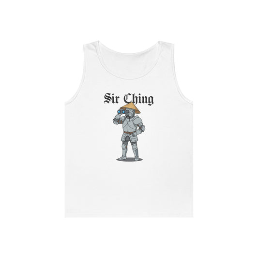 Sir Ching funny knight graphic tank top showing a goofy Asian-inspired medieval knight in shining armor searching with binoculars, wearing a cone hat and buck teeth.