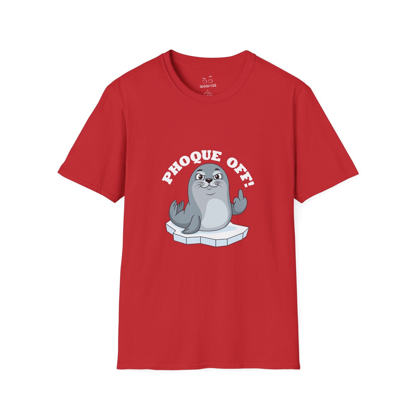 A seal giving the middle finger with the words "Phoque Off," a humorous French wordplay graphic design for a funny pun T-shirt.