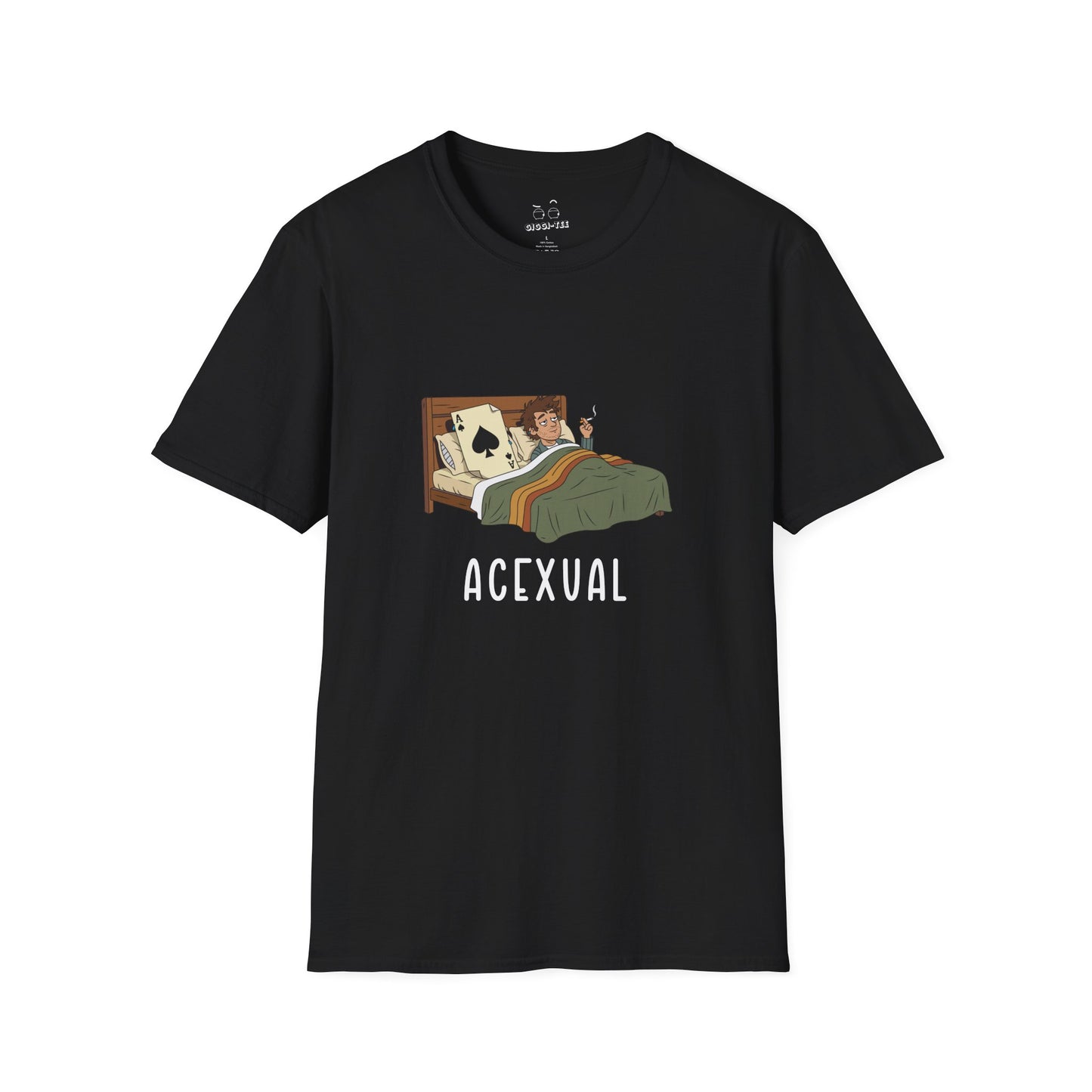 Funny Acexual shirt design showing a man lying in bed next to an Ace playing card in a humorous asexual pun illustration.
