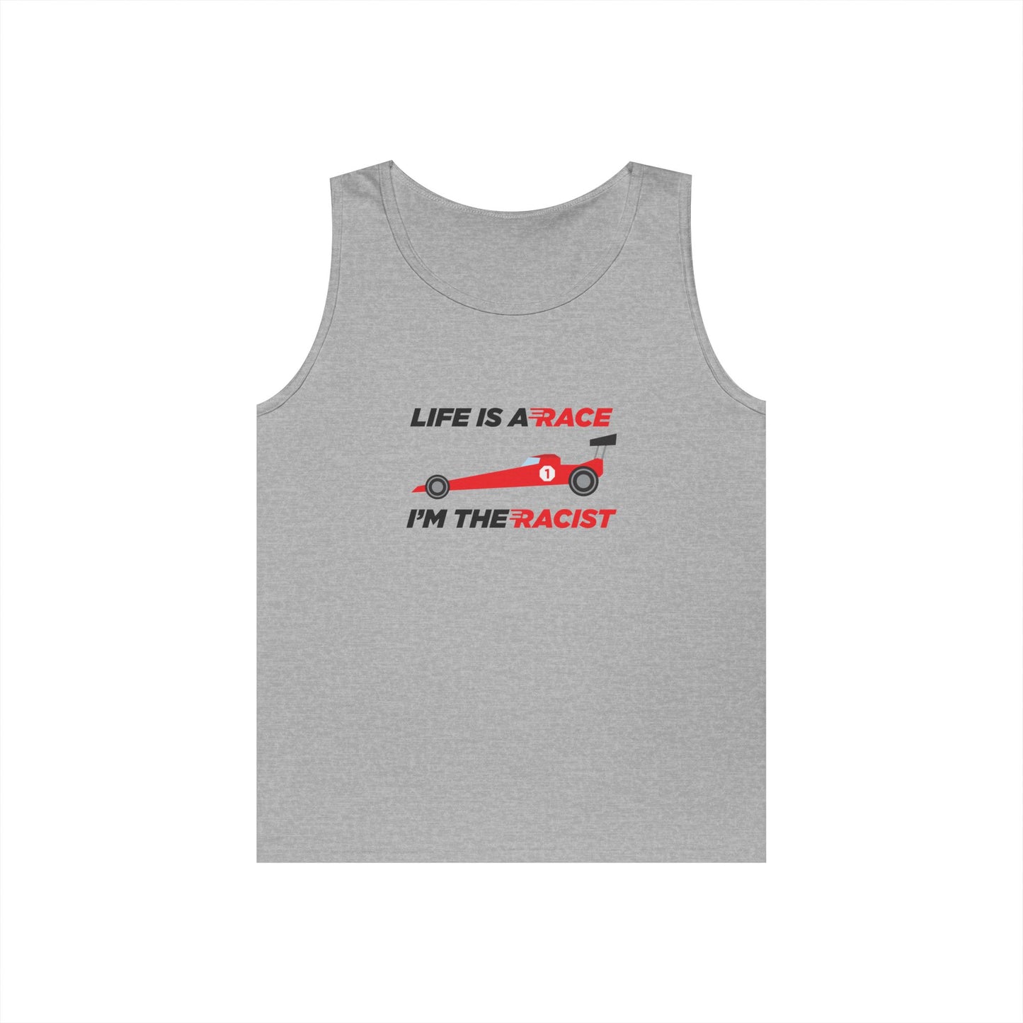 race car life is a race be a racist parody tank top design
