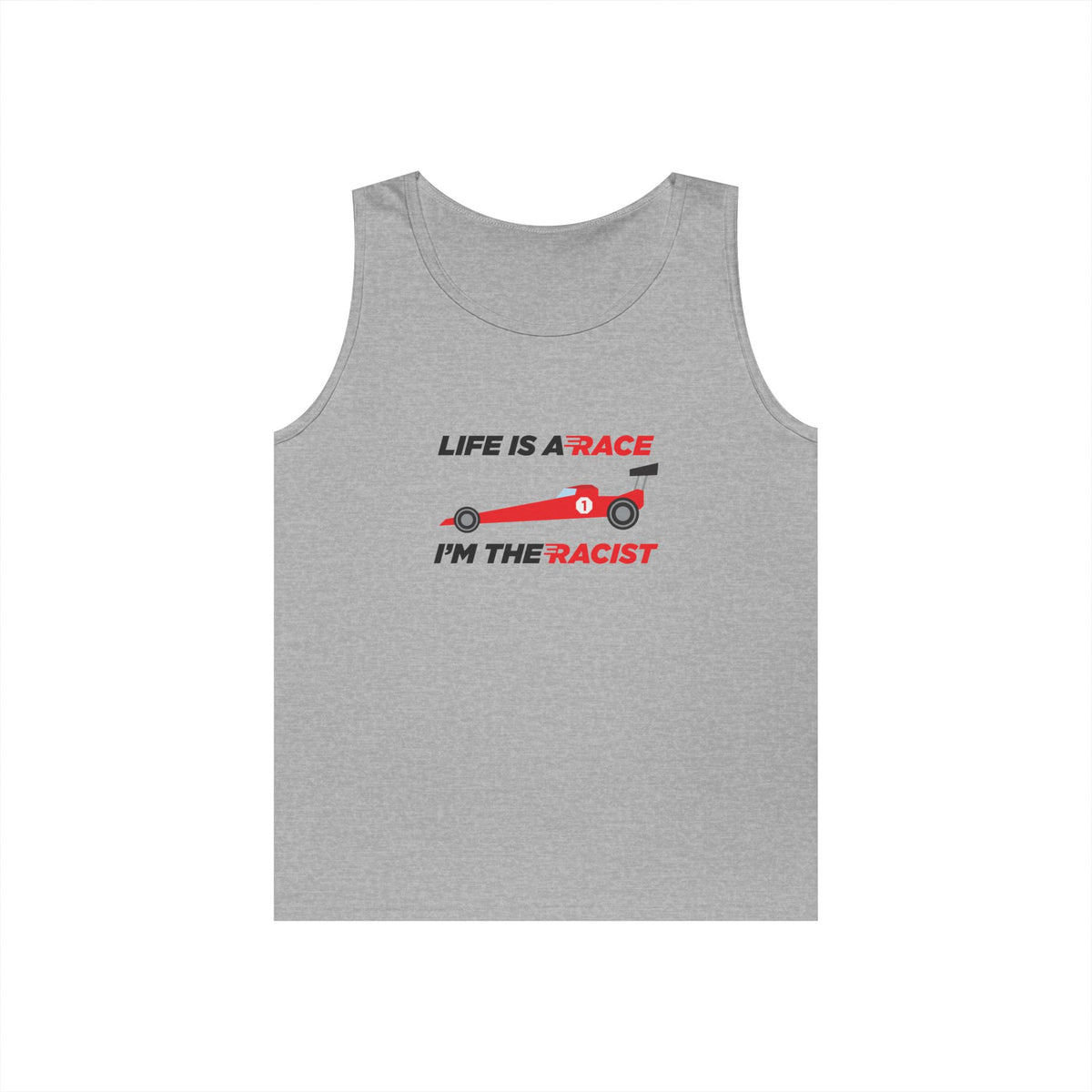 race car life is a race be a racist parody tank top design