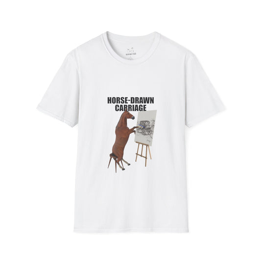 T-shirt featuring a derpy horse head mask mid-neigh, wide-eyed, “Ketamine?” in colorful handwritten letters above, and “never heard of it” on a black rectangle on its neck.