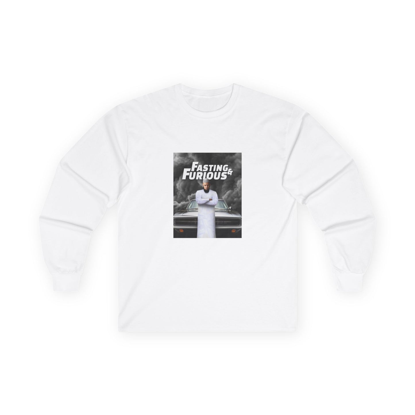 Fast and Furious parody long sleeve shirt design featuring Vin Diesel wearing traditional Muslim clothing and a long jihadist-style beard, titled “Fasting and Furious.”