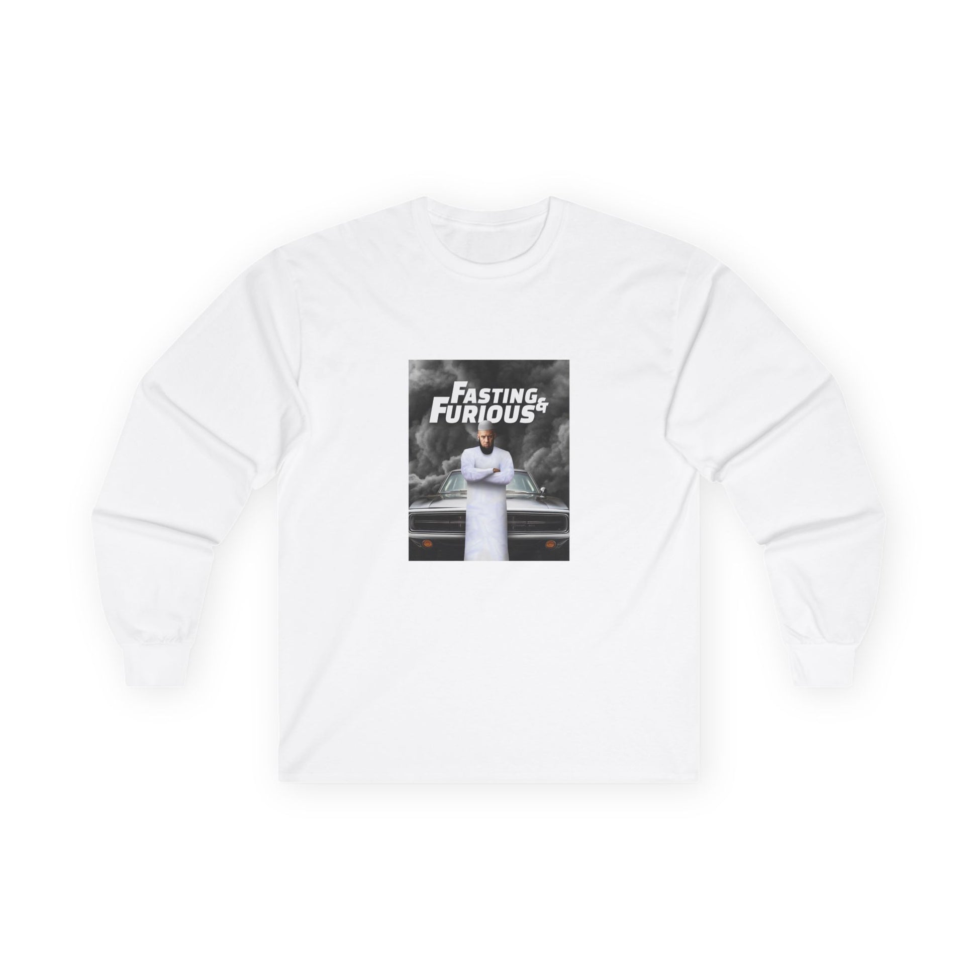 Fast and Furious parody long sleeve shirt design featuring Vin Diesel wearing traditional Muslim clothing and a long jihadist-style beard, titled “Fasting and Furious.”