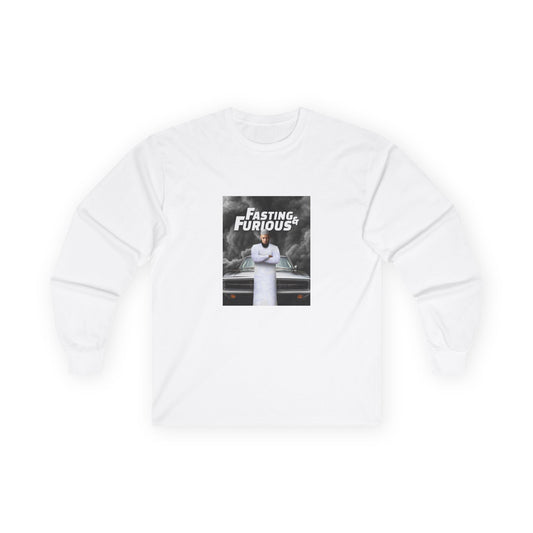 Fast and Furious parody long sleeve shirt design featuring Vin Diesel wearing traditional Muslim clothing and a long jihadist-style beard, titled “Fasting and Furious.”