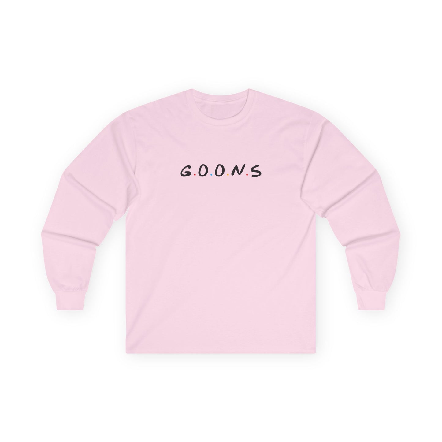 Goons long sleeve shirt design featuring the logo of friends comedy sitcom, humorous parody apparel