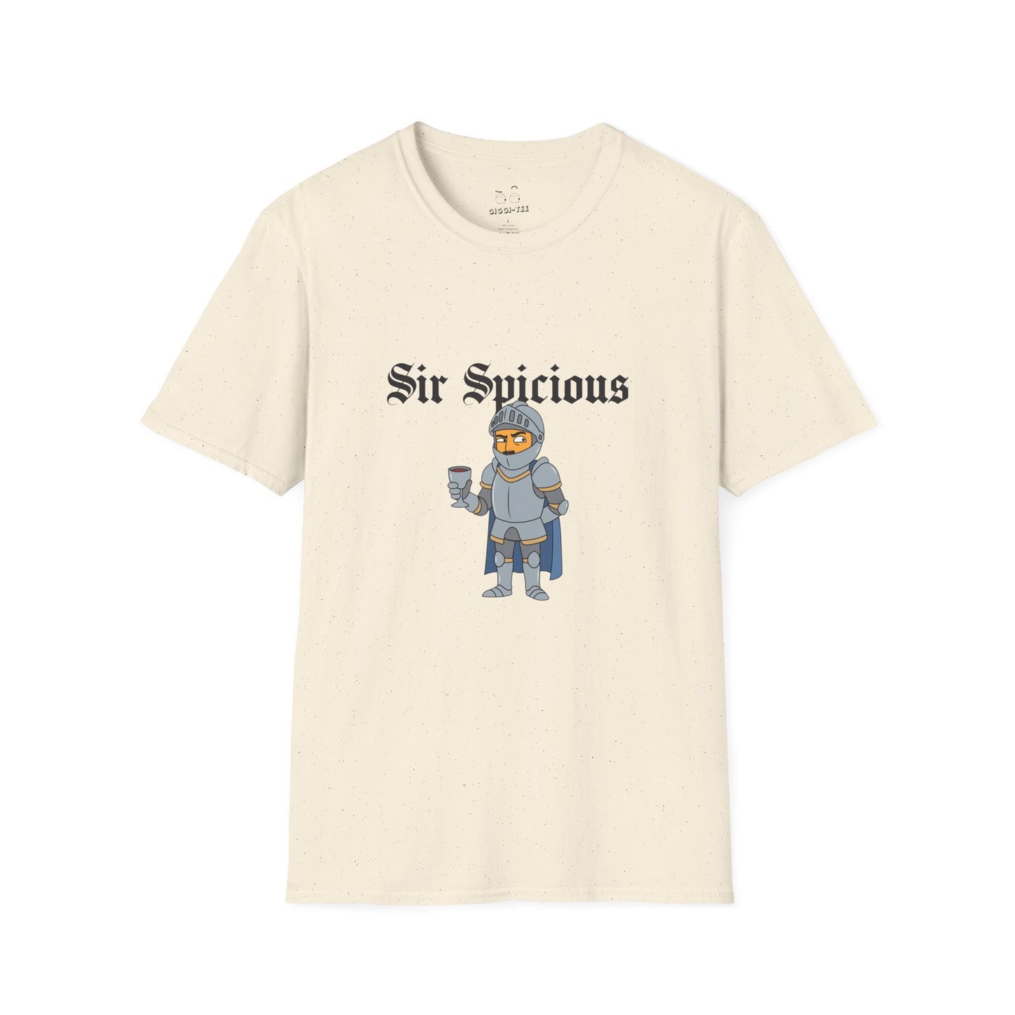 Sir Spicious suspicious funny medieval pun knight graphic on a white t-shirt