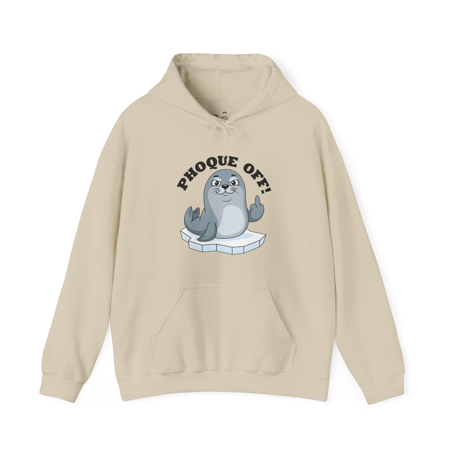 A funny seal wearing a "Phoque Off" design while giving the middle finger on a humorous pun hoodie.