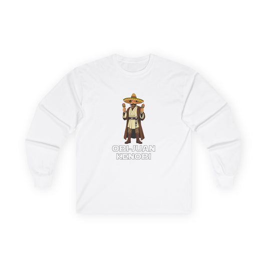 Obi Juan Kenobi: Star wars parody long sleeve shirt with a Jedi wearing a sombrero and Mexican mustache, holding two maracas. Funny sci-fi pun graphic.