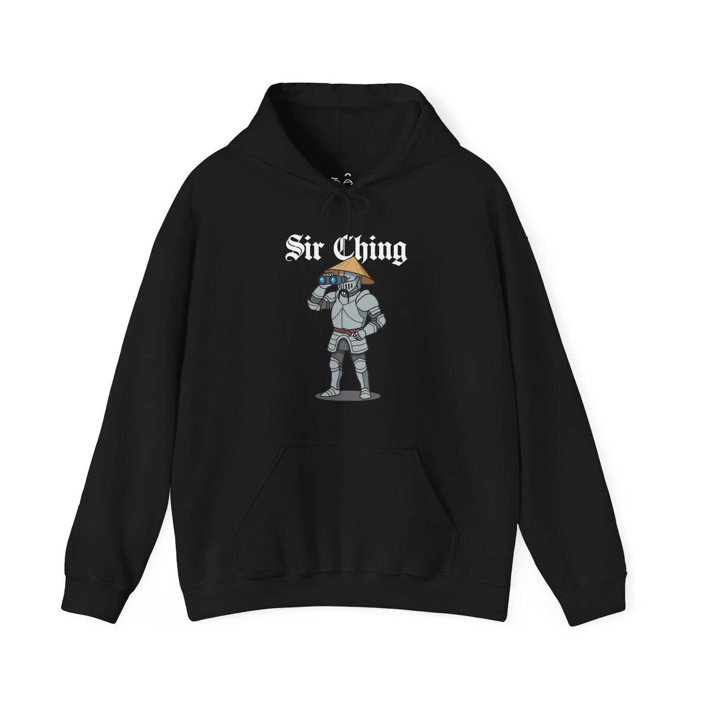 Sir Ching funny knight graphic hoodie showing a goofy Asian-inspired medieval knight in shining armor searching with binoculars, wearing a cone hat and buck teeth.