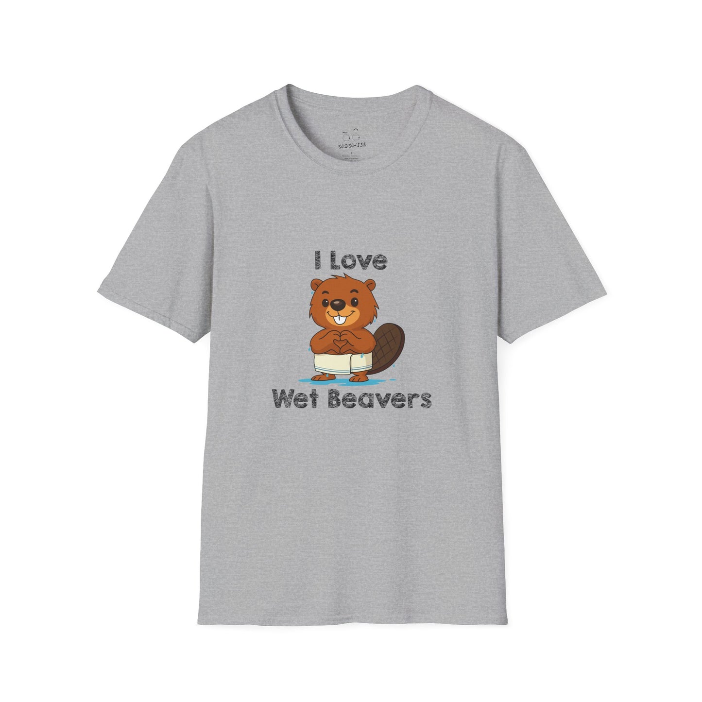 Funny beaver cartoon wearing a towel and dripping water, making a heart shape with its hands, “I Love Wet Beavers” humorous graphic design shirt