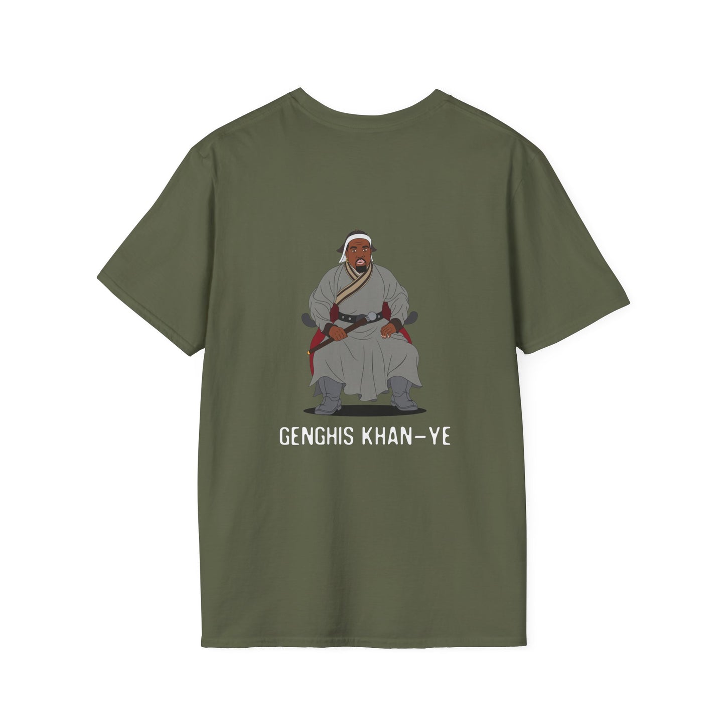 Genghis Khan Ye: Parody back print shirt illustration of Ye dressed as Genghis Khan in Mongolian armor. Funny hip hop culture pun.