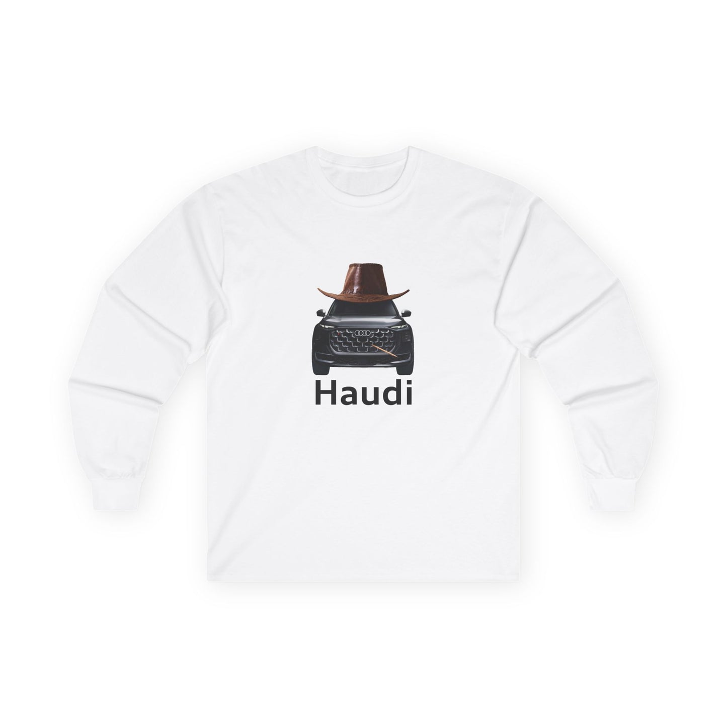 Haudi funny car long sleeve shirt showing an Audi with cowboy hat and toothpick