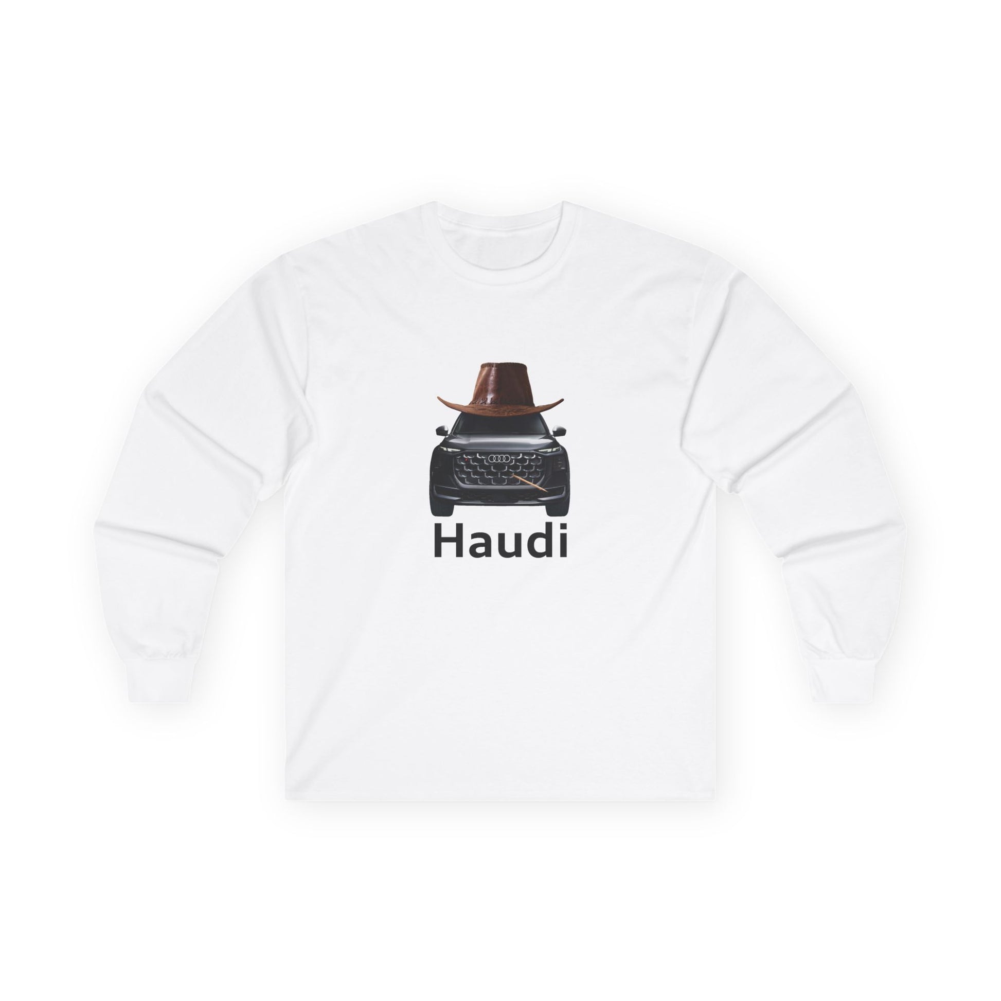 Haudi funny car long sleeve shirt showing an Audi with cowboy hat and toothpick