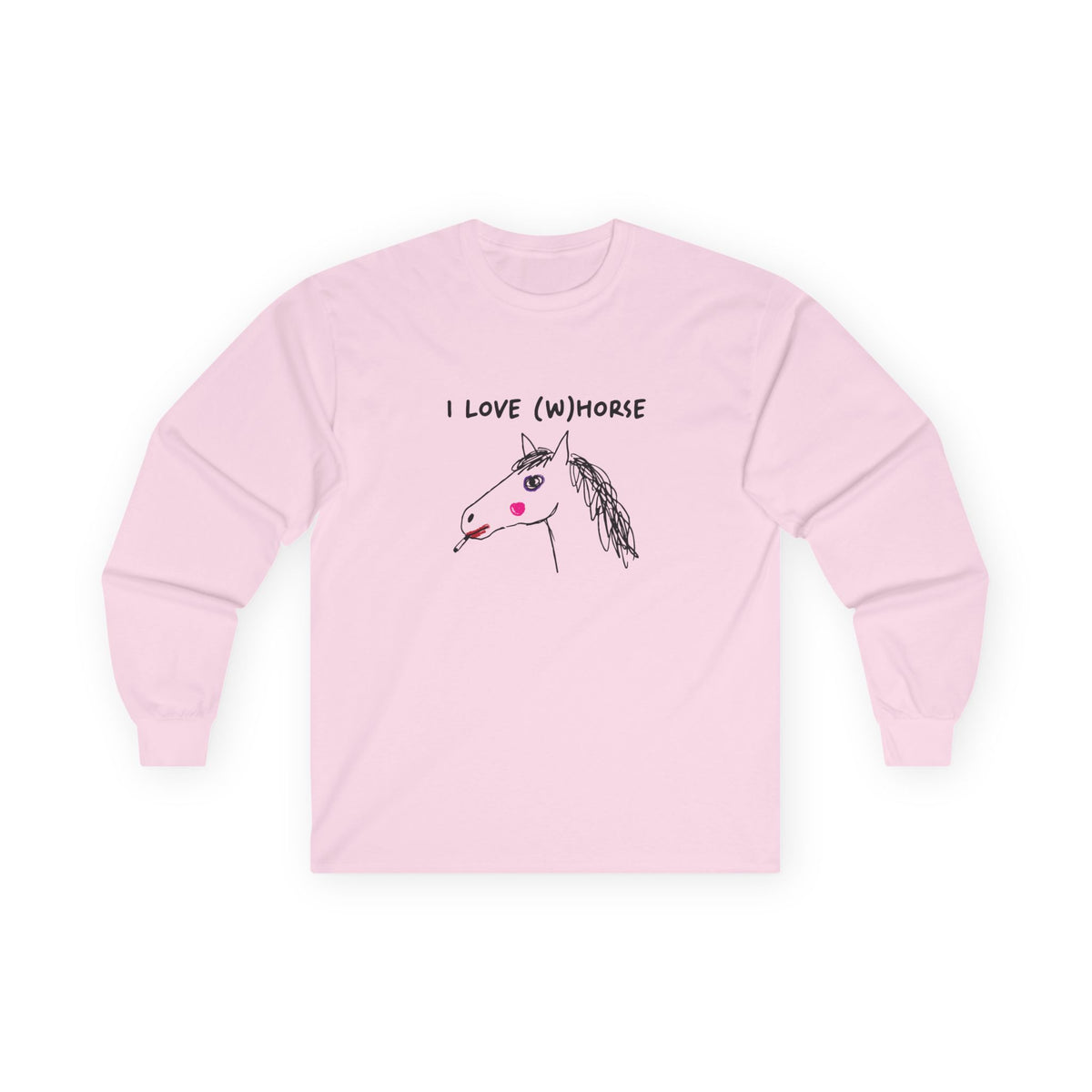 I Love (W)Horse hand-drawn smoking horse with purple makeup and red lipstick long sleeve
