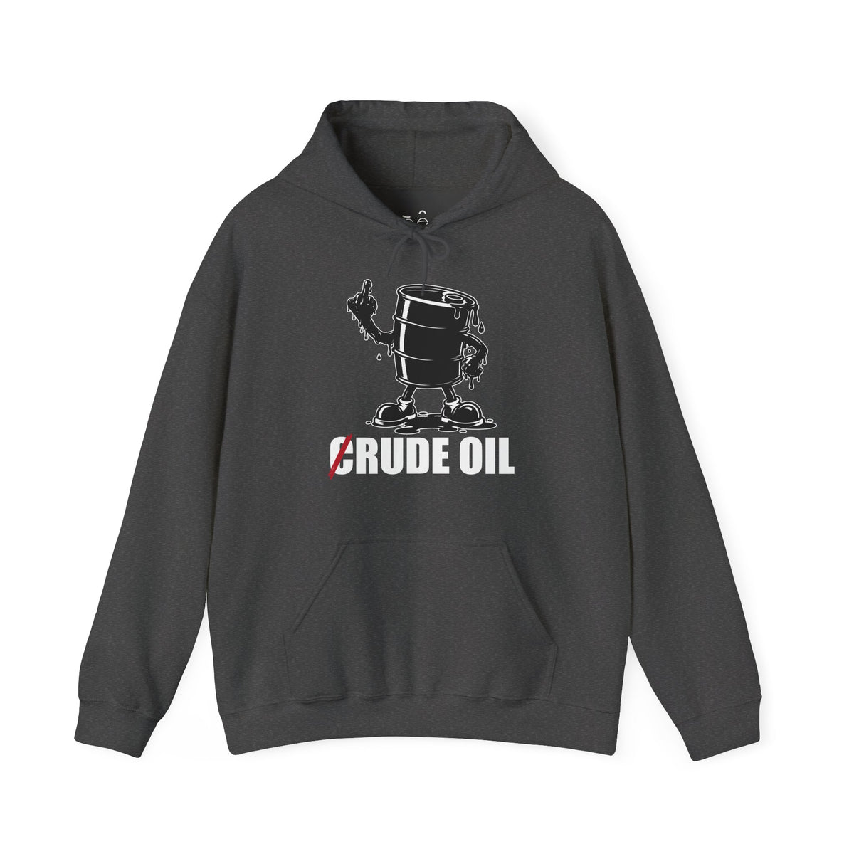 Graphic hoodie featuring a Rude Oil illustration of an oil barrel giving the middle finger with an oil-shaped hand, alongside the crossed-out C in Crude Oil.
