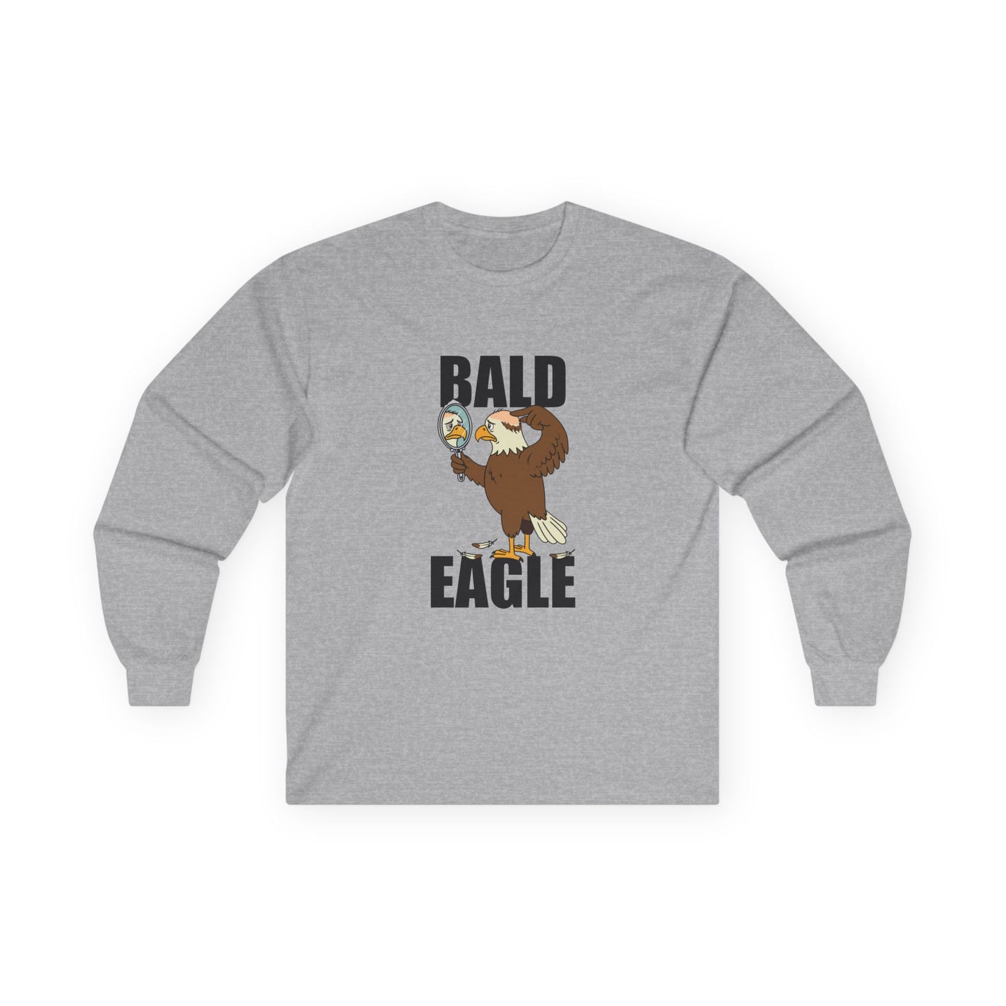 Funny Bald Eagle long sleeve shirt design with a bald eagle holding a mirror and showing a bald spot.