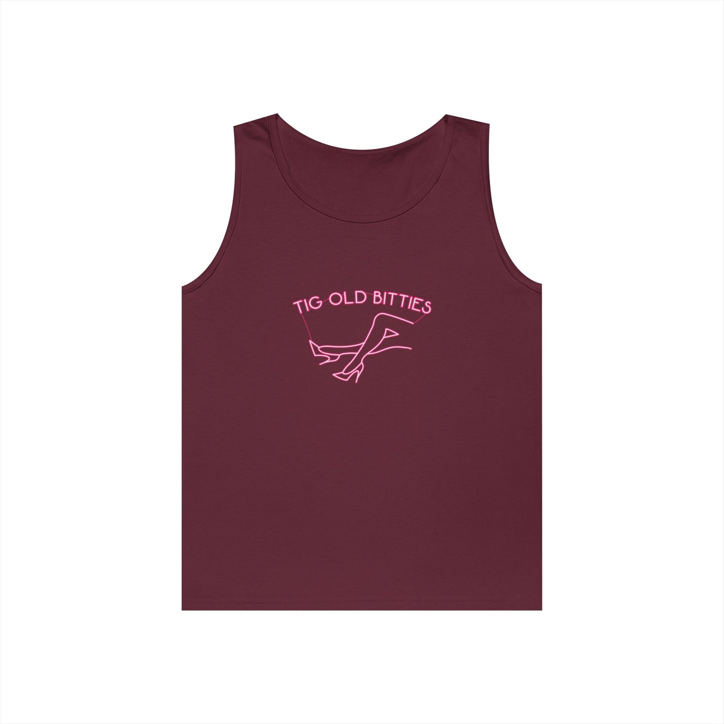 neon sign woman tig ol bitties parody funny tank top design