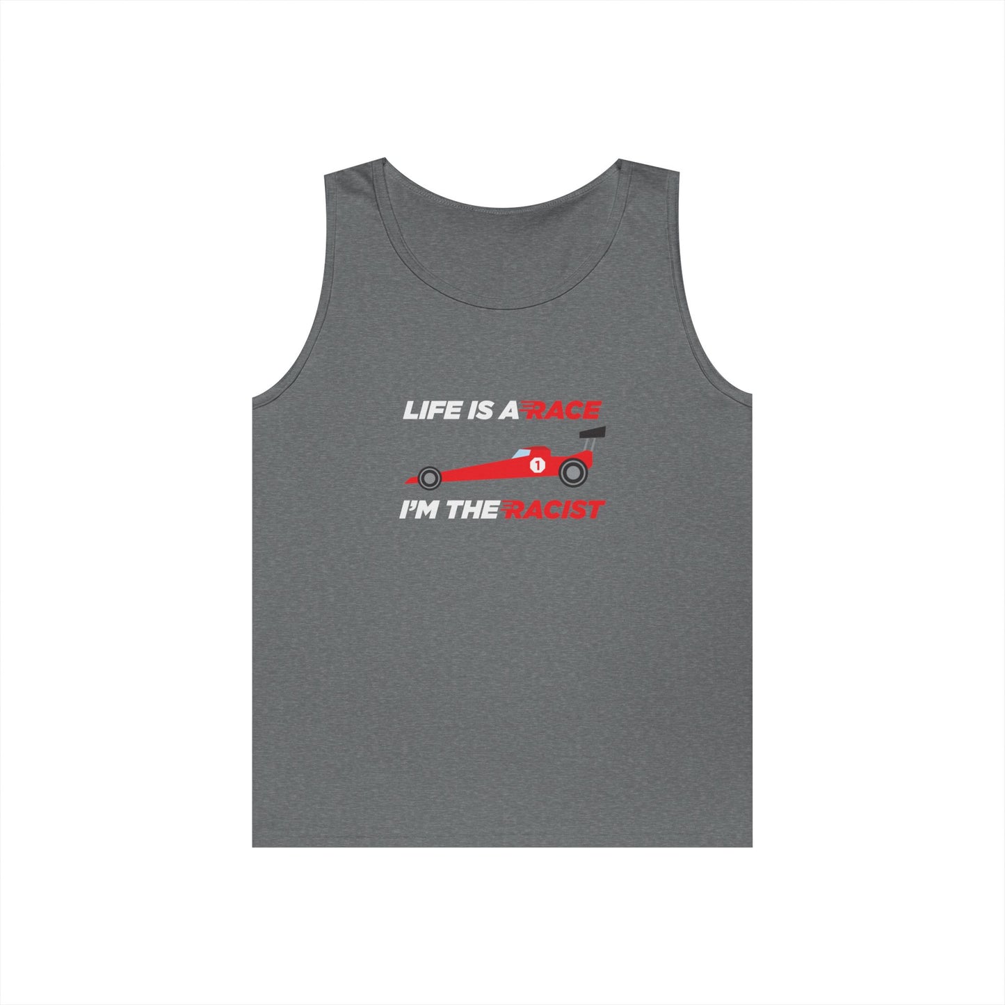 race car life is a race be a racist parody tank top design