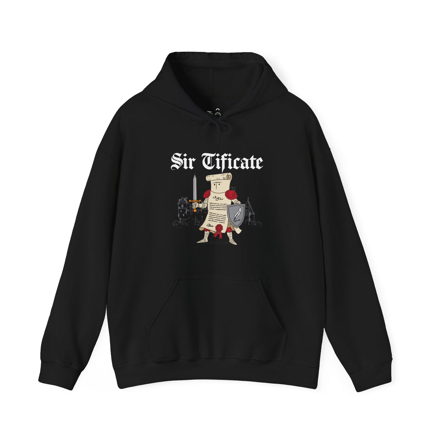 Sir Tificate hoodie design featuring a certificate dressed as a medieval knight
