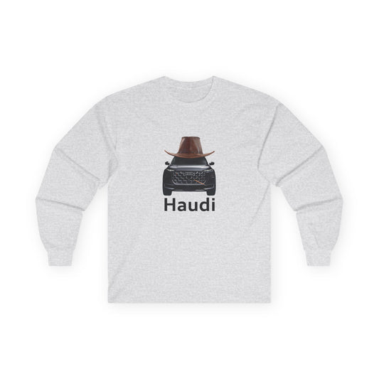 Haudi funny car long sleeve shirt showing an Audi with cowboy hat and toothpick