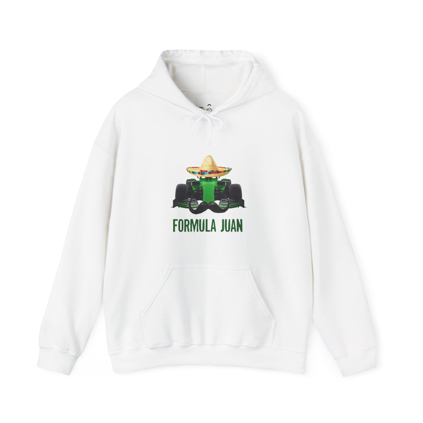 Formula Juan racing hoodie featuring a green race car with sombrero and mustache
