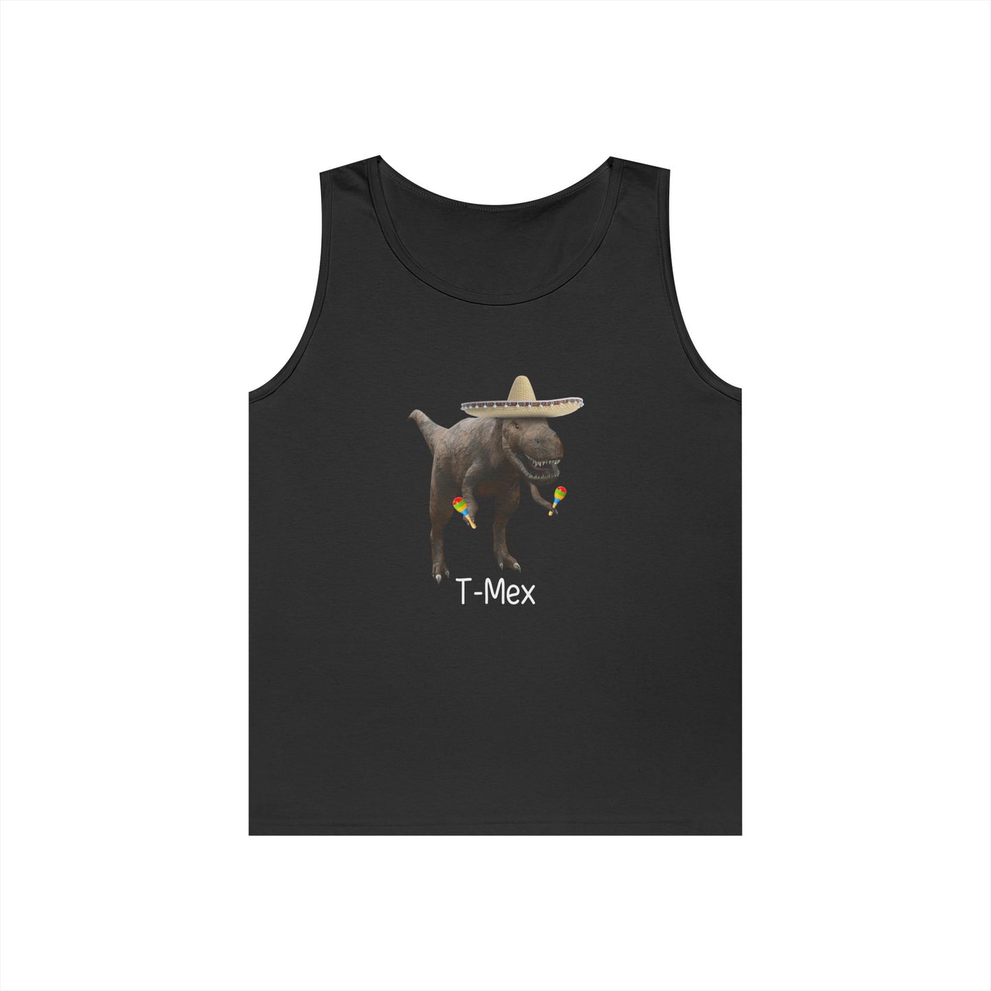 Sleeveless tank top with a T-Mex graphic, showing a cartoon dinosaur in a sombrero celebrating with maracas.