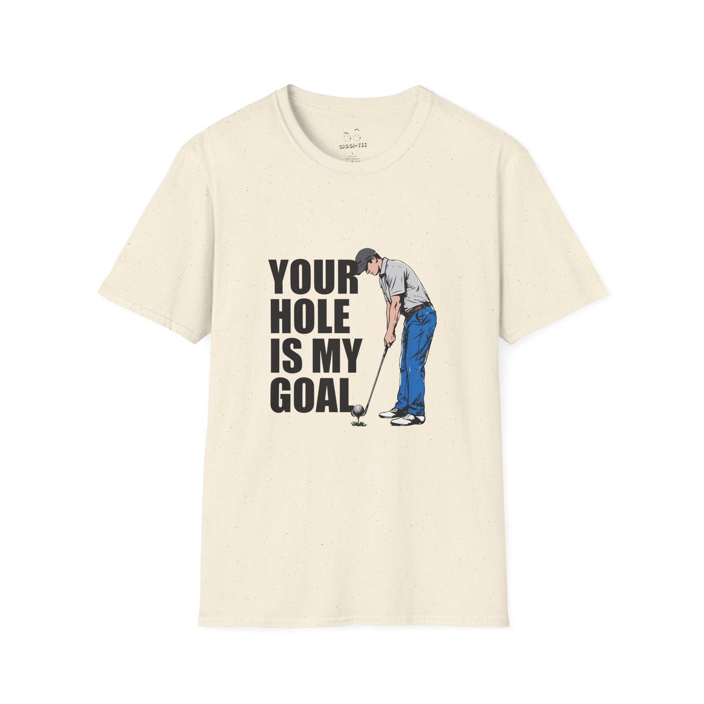 Funny golf design featuring a golfer with a golf club and ball on the pin, with the text “Your Hole Is My Goal.”