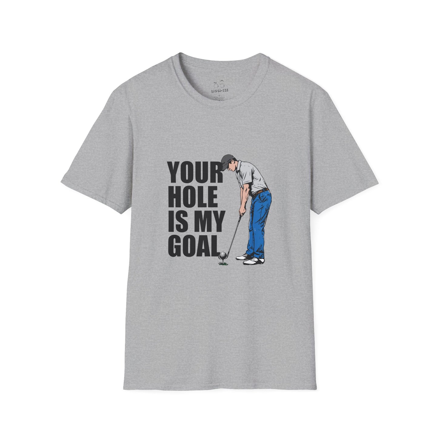 Funny golf design featuring a golfer with a golf club and ball on the pin, with the text “Your Hole Is My Goal.”