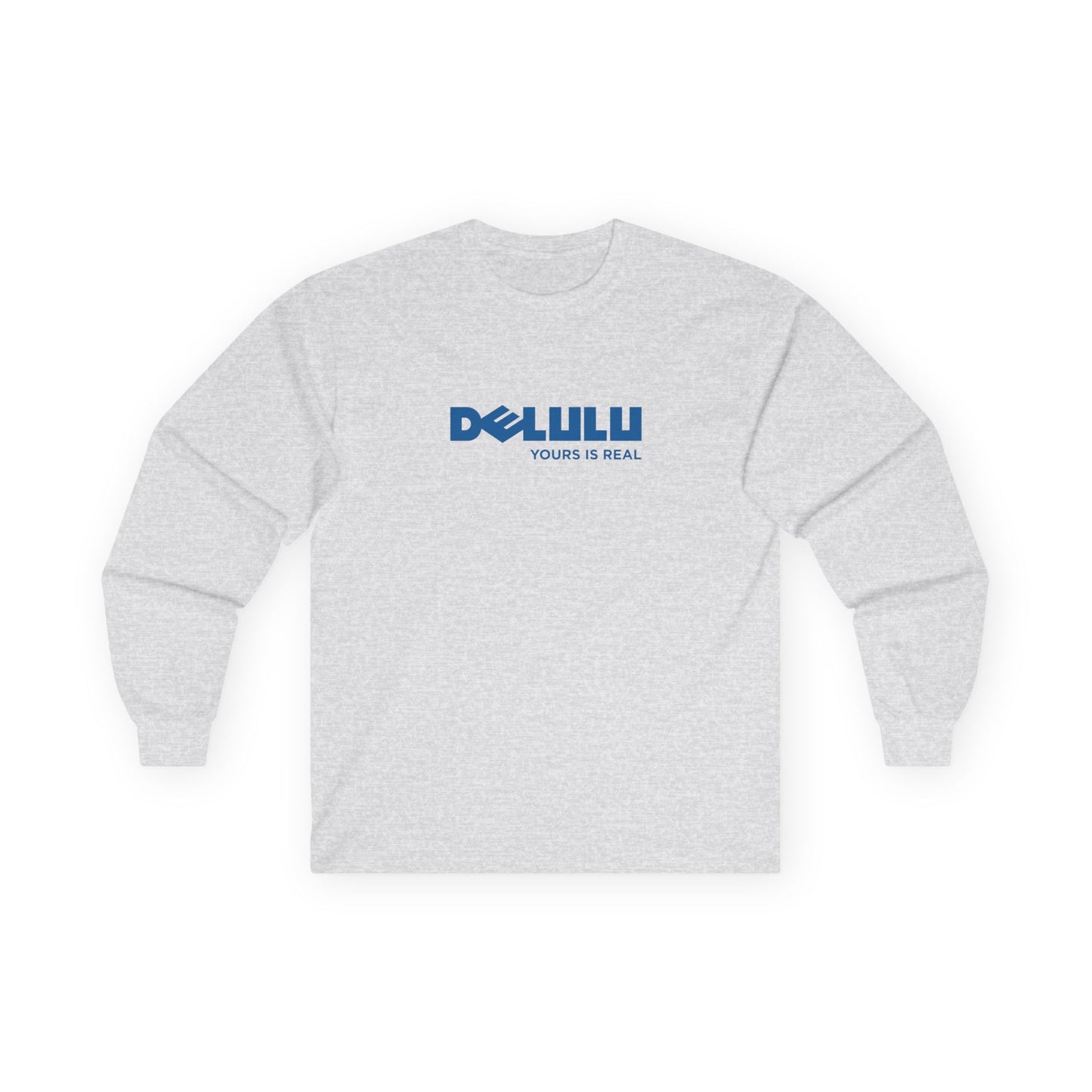 Delulu parody long sleeve t-shirt design with Dell logo transformed into the word ‘Delulu’, nerdy tech humor shirt, laptop and computer fan gift