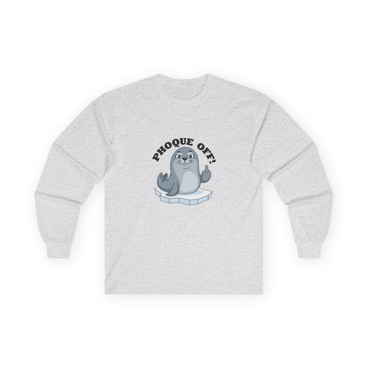 A seal giving the middle finger with "Phoque Off" text on a funny French pun long sleeve shirt design.