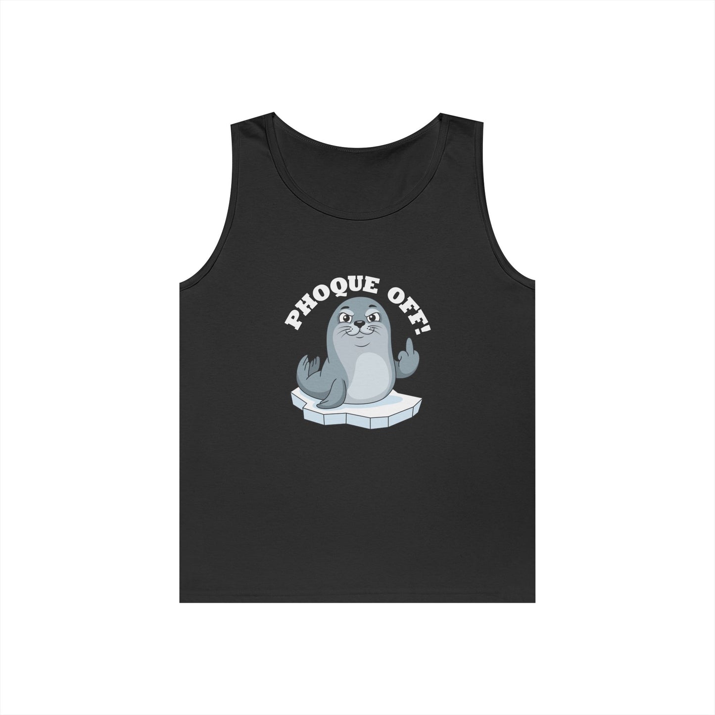 A seal giving the middle finger with the words "Phoque Off" on a funny pun tank top design featuring French wordplay.