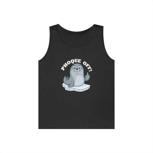 A seal giving the middle finger with the words "Phoque Off" on a funny pun tank top design featuring French wordplay.