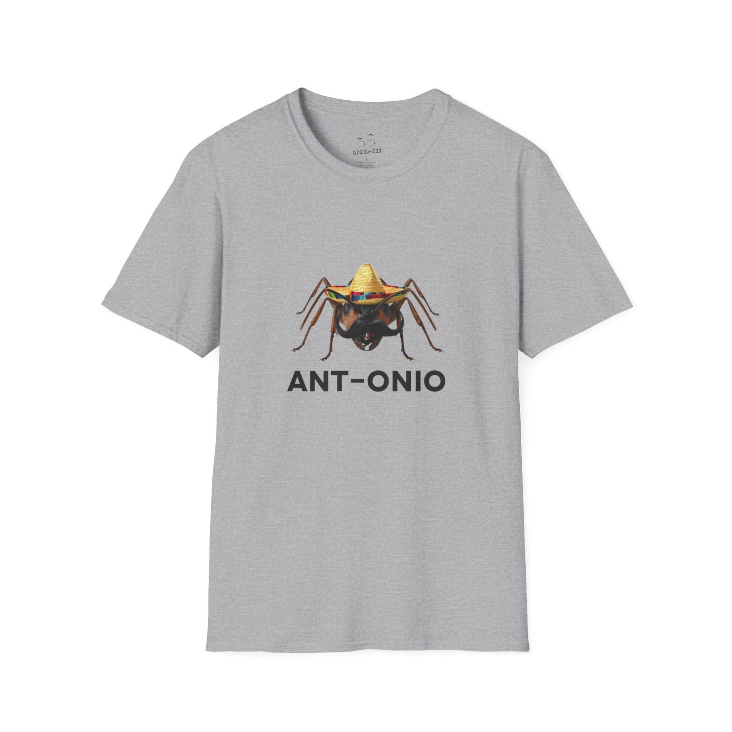 Antonio ant shirt featuring an ant with a big mustache and sombrero. Funny Spanish name pun and animal graphic.