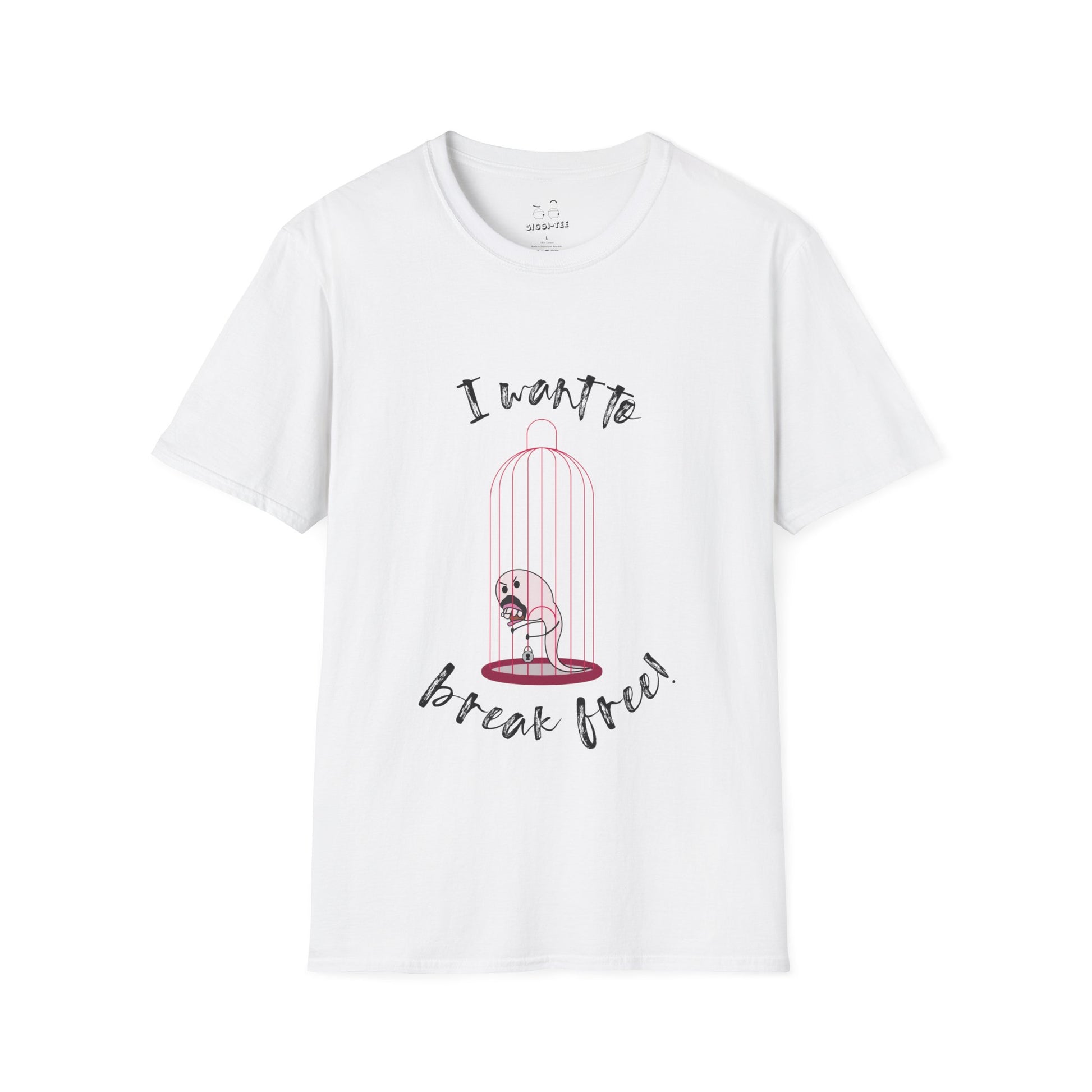 T-shirt illustration of a sperm cell looking through the bars of a condom-shaped cage, parodying the Queen song.