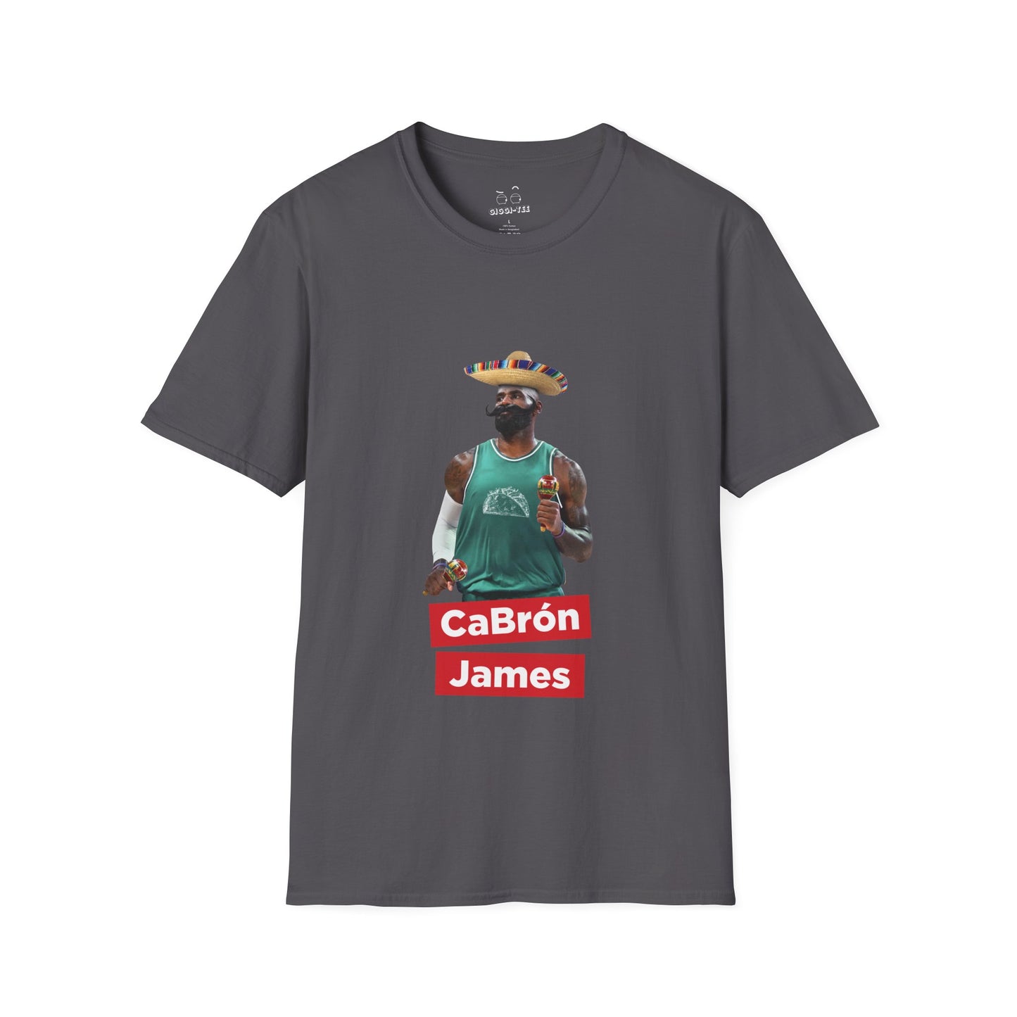 CaBron James parody illustration of LeBron James wearing a sombrero, giant Mexican-style mustache, holding maracas, and wearing a taco-themed basketball jersey.