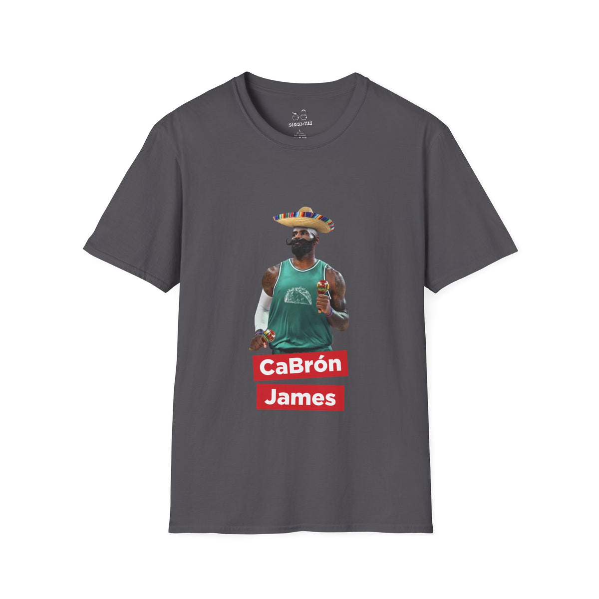 CaBron James parody illustration of LeBron James wearing a sombrero, giant Mexican-style mustache, holding maracas, and wearing a taco-themed basketball jersey.