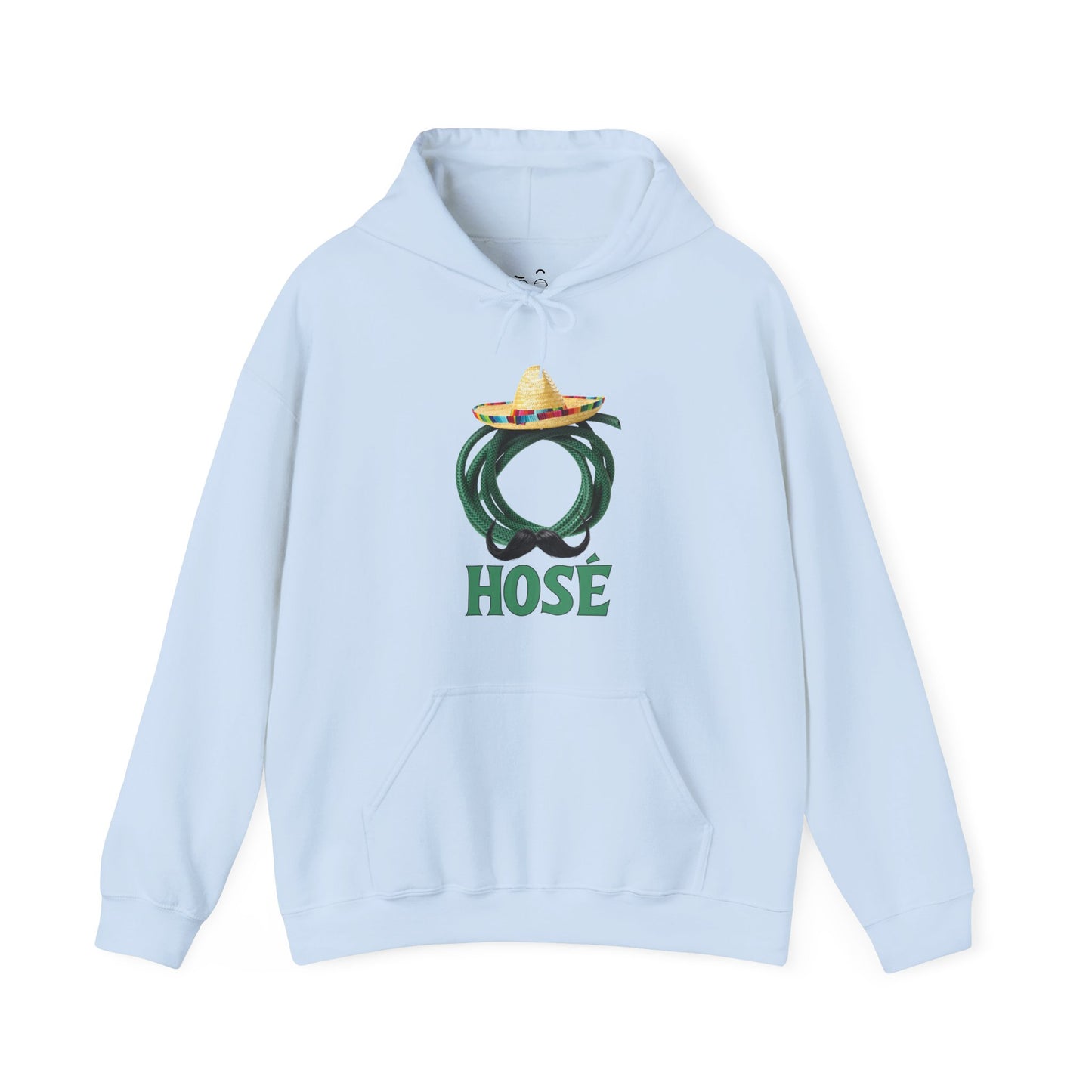 Hosé hoodie design featuring a green garden hose with sombrero and mustache