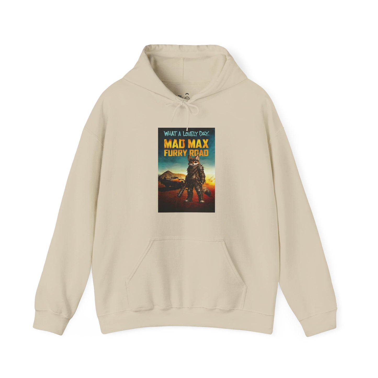 Mad Max Furry Road hoodie design with a furry character parody on a post-apocalyptic movie poster graphic.