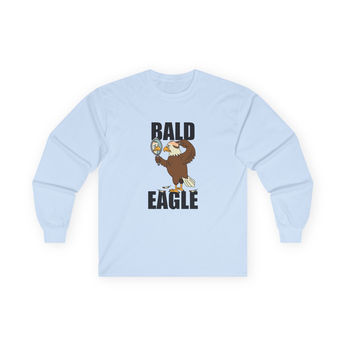 Funny Bald Eagle long sleeve shirt design with a bald eagle holding a mirror and showing a bald spot.