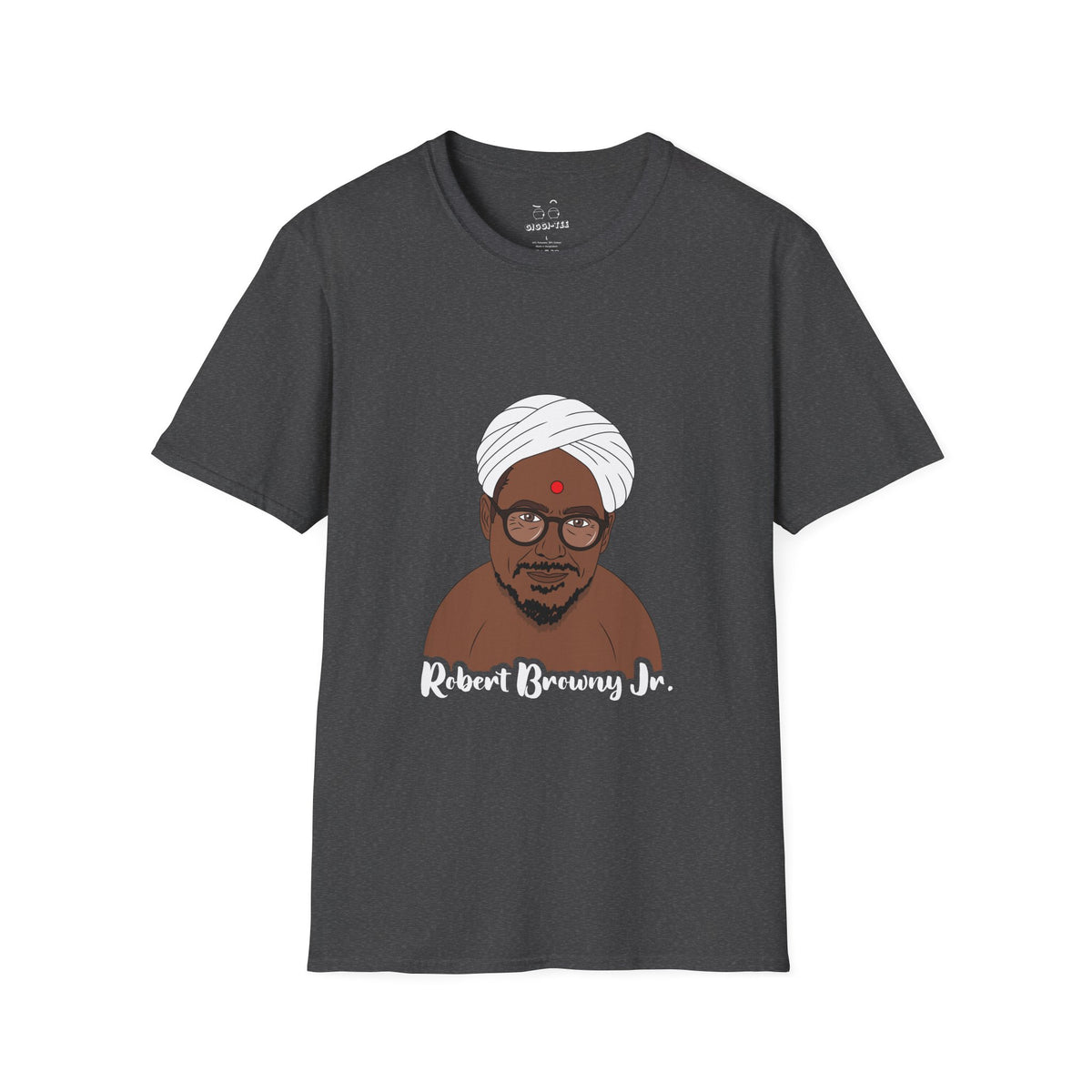 Parody shirt design featuring a comic illustration of Robert Downey Jr. as an Indian man wearing a white turban and bindi, with the text 'Robert Browny Jr.' underneath.