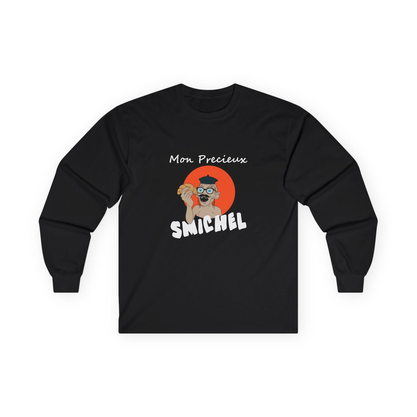 Long sleeve T-shirt showing a French Smeagol in a beret and mustache holding a croissant with the text "Mon Précieux."