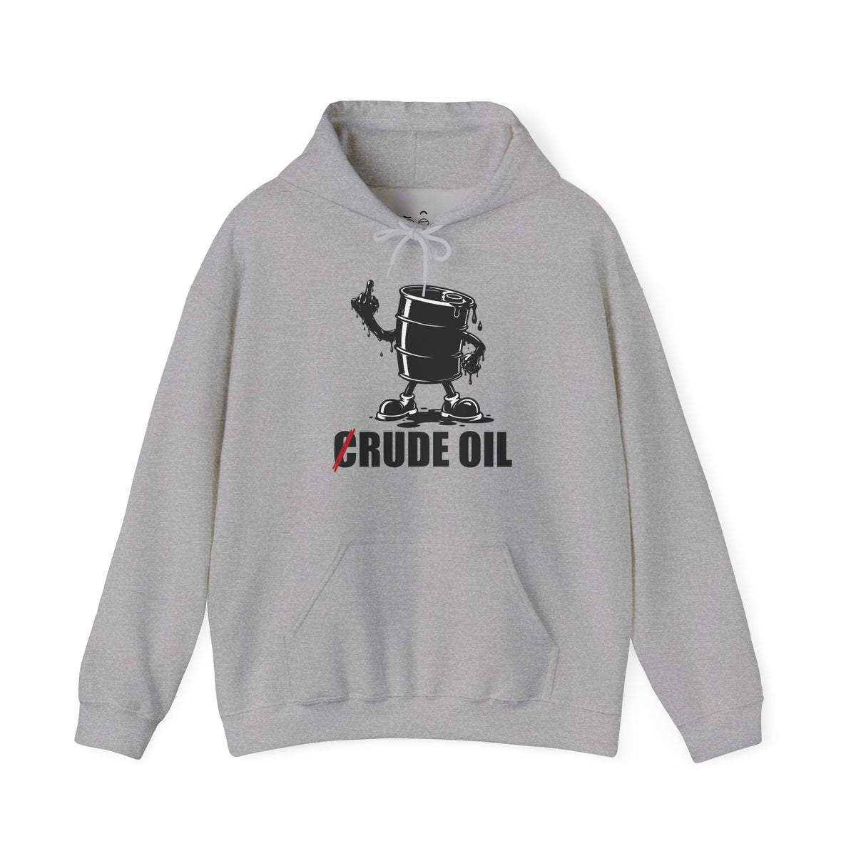 Graphic hoodie featuring a Rude Oil illustration of an oil barrel giving the middle finger with an oil-shaped hand, alongside the crossed-out C in Crude Oil.