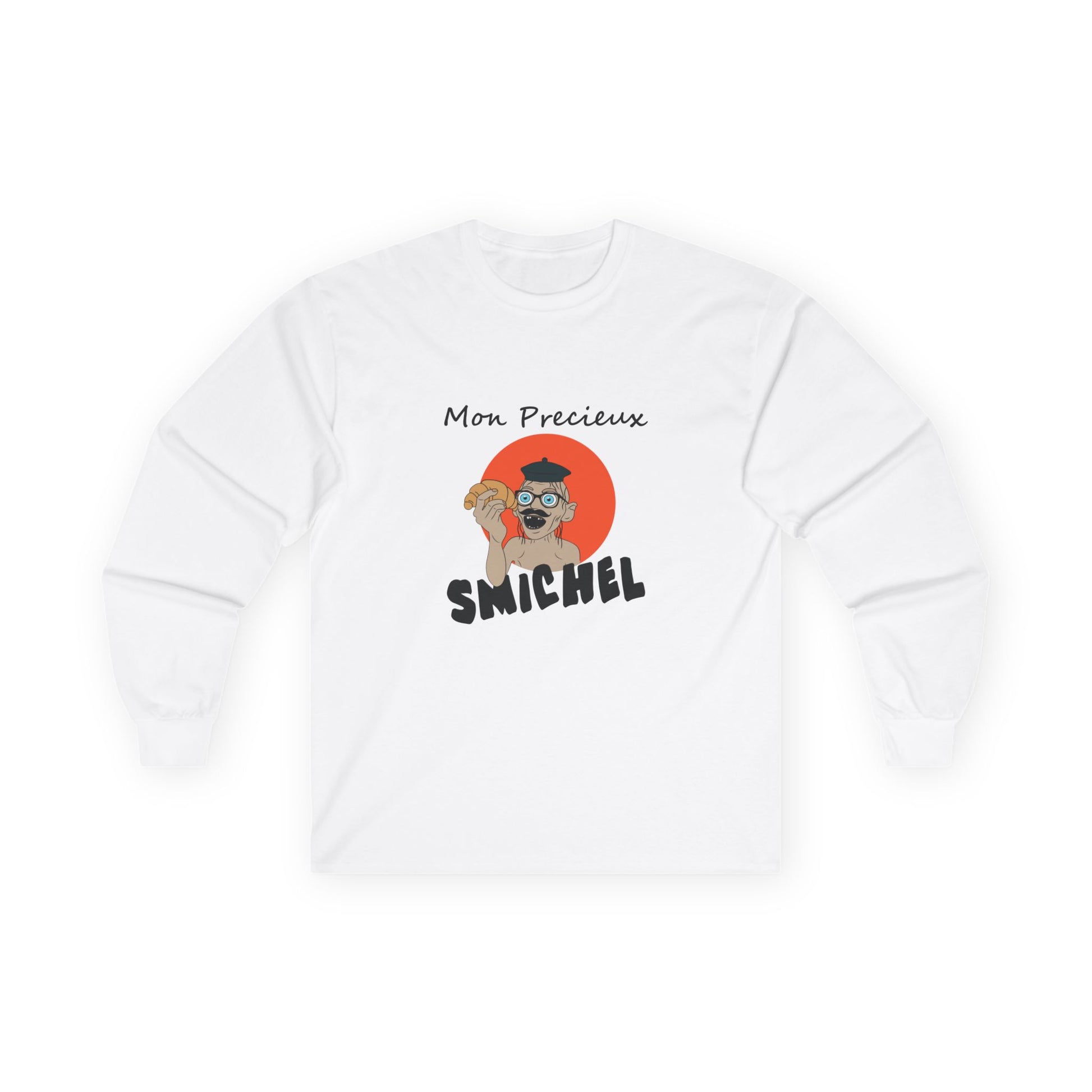 Long sleeve T-shirt showing a French Smeagol in a beret and mustache holding a croissant with the text "Mon Précieux."