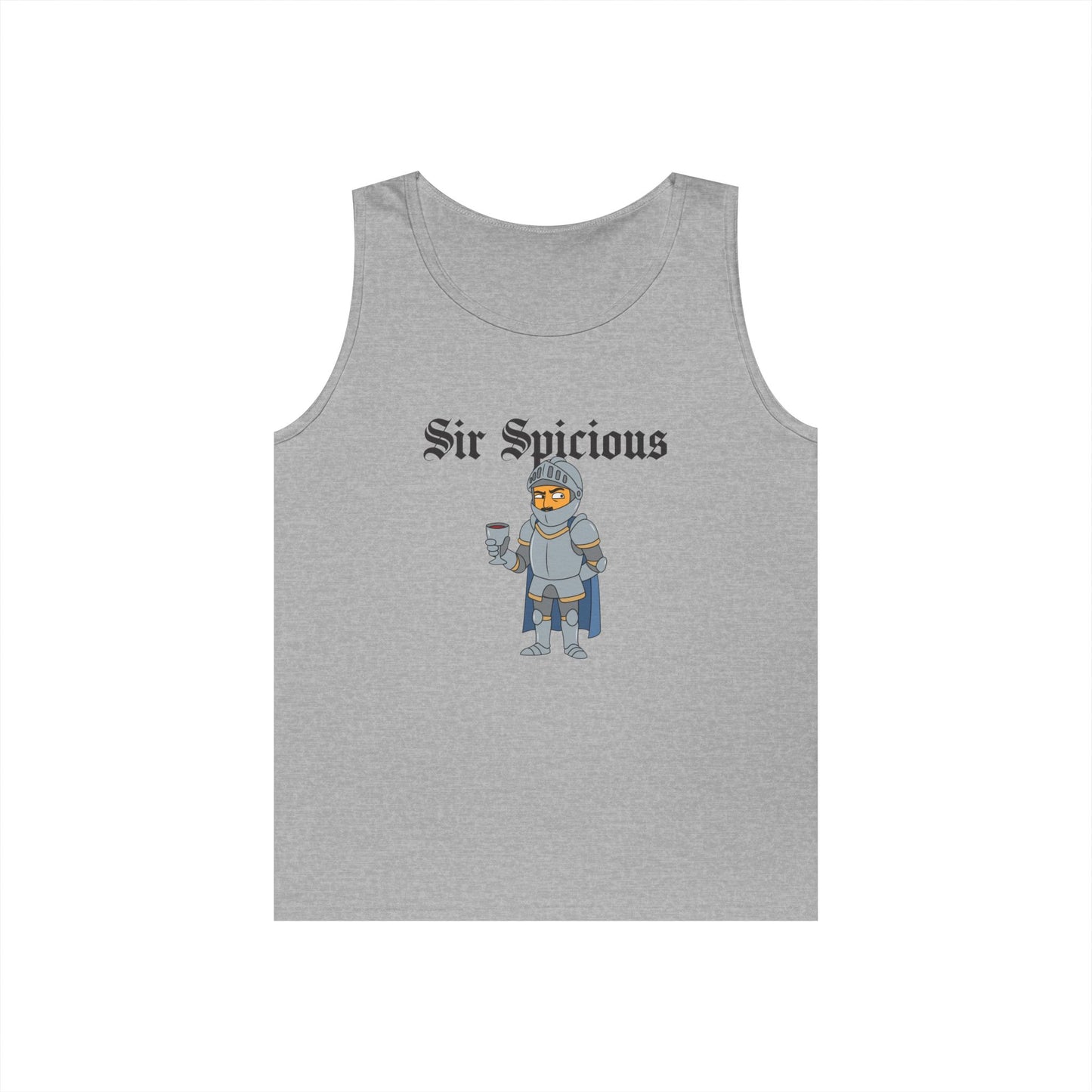 Sir Spicious suspicious medieval knight graphic on a white tank top