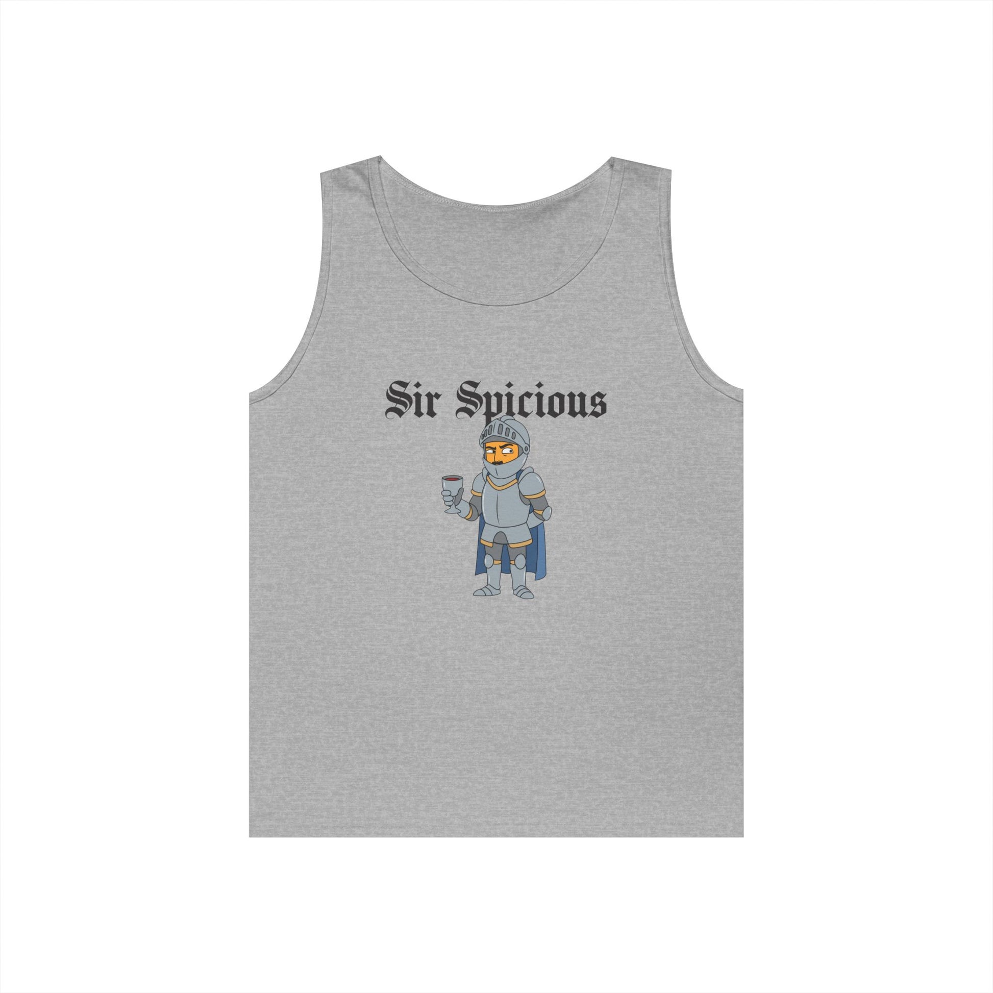 Sir Spicious suspicious medieval knight graphic on a white tank top
