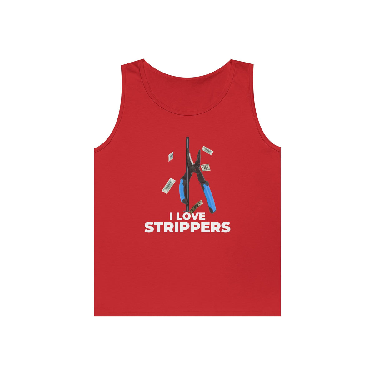 I Love Strippers tank top featuring a wire stripper dancing on a pole with flying dollar bills, funny electrician pun graphic.