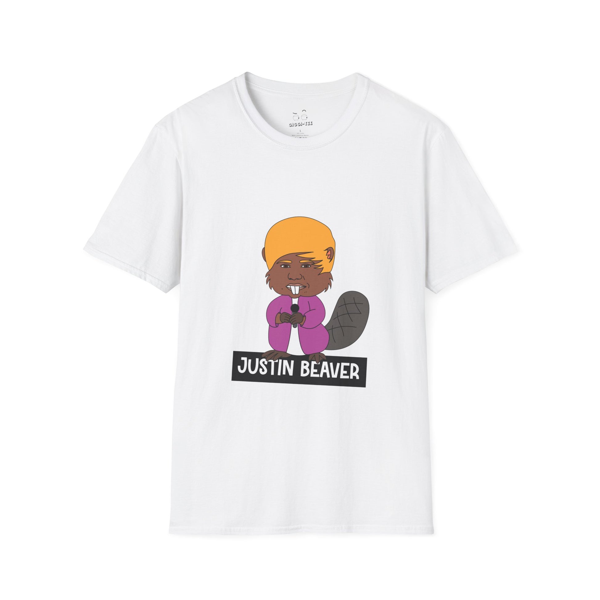 T-shirt featuring a cartoon beaver with a signature 2010s "Bieber" haircut and a purple hoodie.